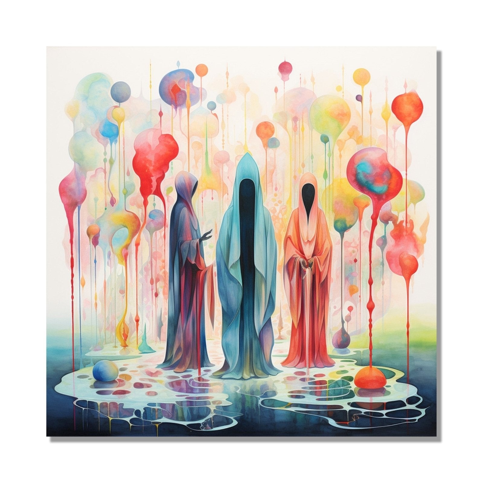 Painting of three hooded figures against a backdrop of color drop blobs ...