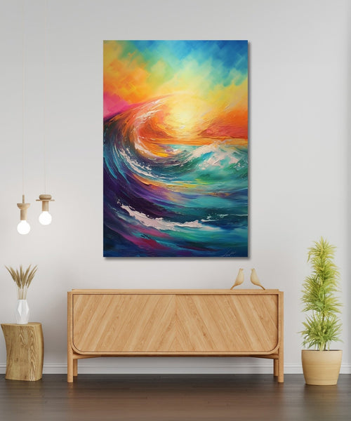 abstract painting of vibrant colourful of sunset and big wave in front Room 1