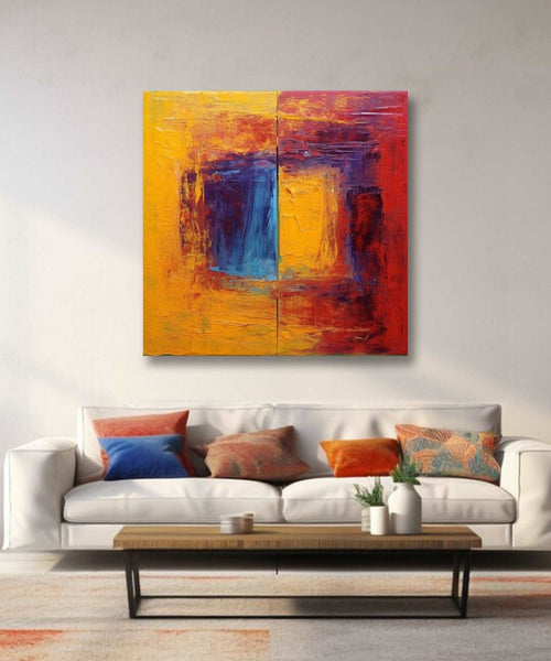 painting of Yellow abstract, centre square in blue and yellow halfs Room 1