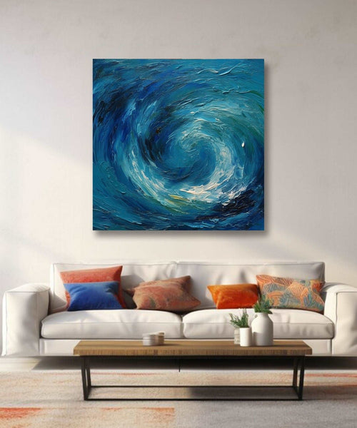 an abstract painting of white, gold and deep blue spiral Room 1