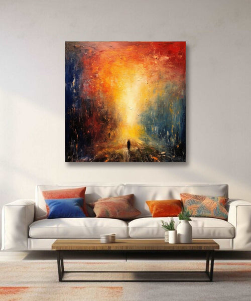 painting small Man figure walking into sunlight source, yellow, blue and dark blue colour abstract Room 1