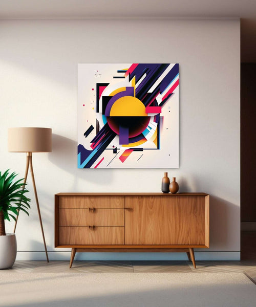 Abstract painting of diagonal pattern of lines and circle, black, blue orange and yellow colour Room 1