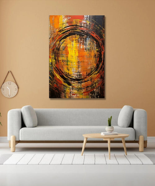 a rough black-colored spiral takes center stage against a backdrop of bold vertical strokes in black, yellow, and orange hues