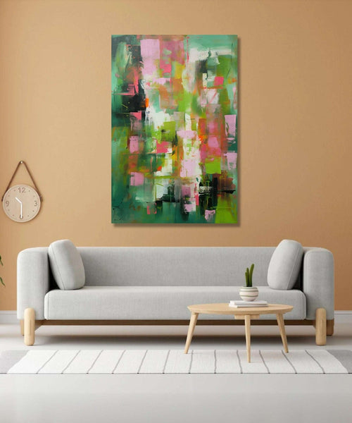 patches of pink and coral bloom against a serene background of lush green, subtle touches of black