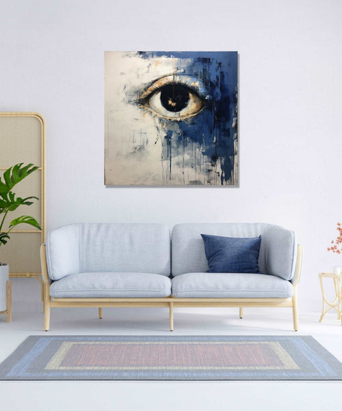 An open eye emerges against an abstract backdrop of deep, contemplative dark blue and the purity of white
