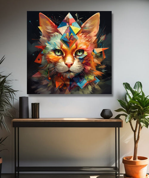 Black background, Cat face, abstract patterns orange blue, light green eyes Room 1