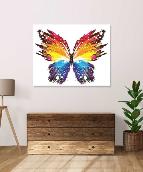 Butterfly in red, orange, yellow an dblue colours, abstract, whit ebackground