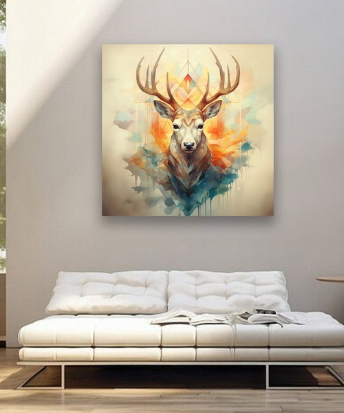 Male deer with antlers, bluish orange 1st bckgnd and dusty second bckgnd Room 1