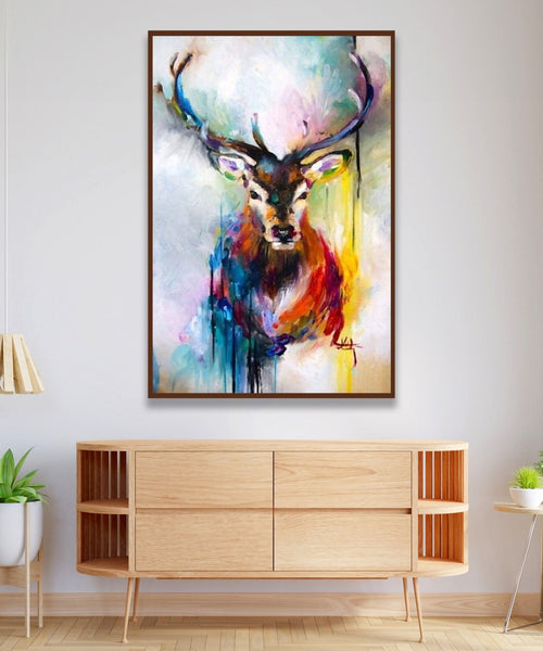 Male deer antlers, abstract , colourful, whitish background Room 1