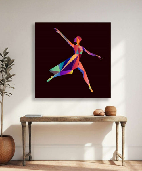 Black background, colourful shadow of woman jumping through Room 1