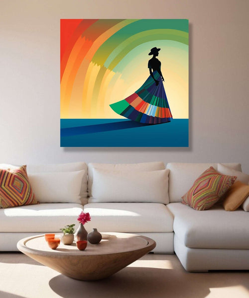 Woman figure with hat walking into colourful background, blue ground Room 1