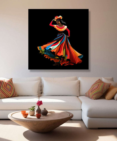 Black background, woman with heavy colourful skirt and hat swirling Room 1