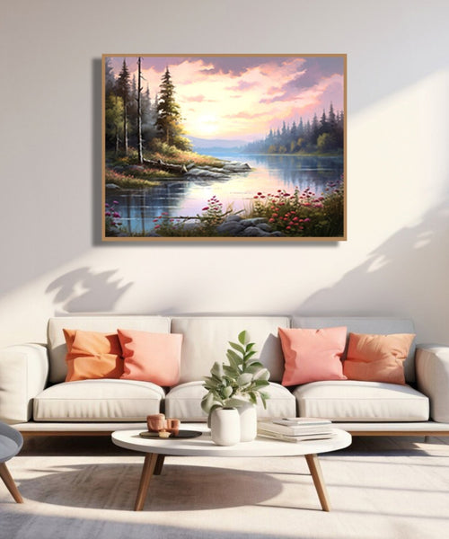 Evening sky, River with trees on sides and flowers in front Room 1