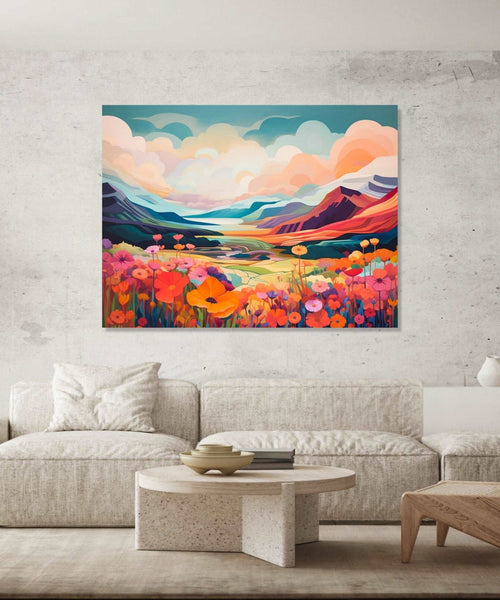 MOrning sky with clouds, colourful hills and flowers in foreground