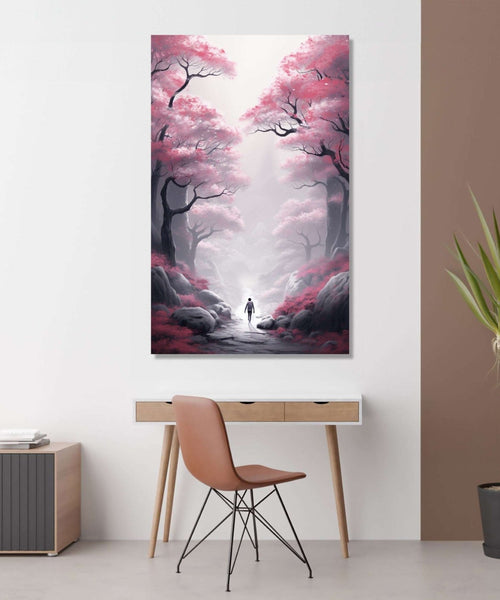 A man walking through the pink forest tall trees