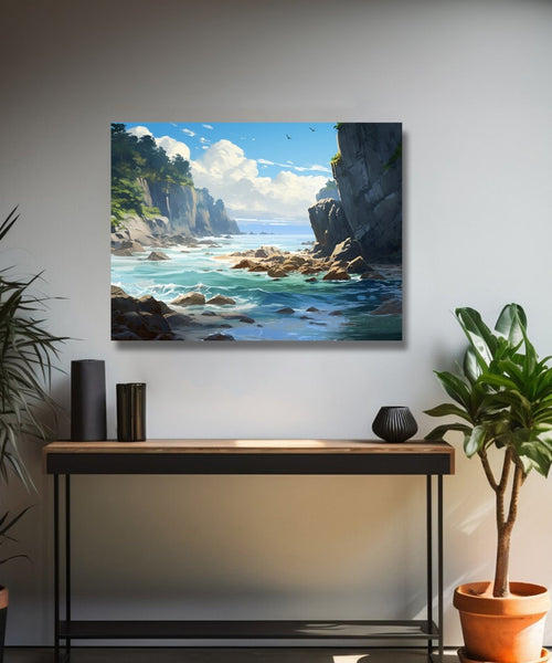 Rocky beach, blue sky, grey cliff with trees on top Room 1