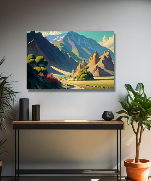 Large mountains with river bed and some trees in foreground Room 1