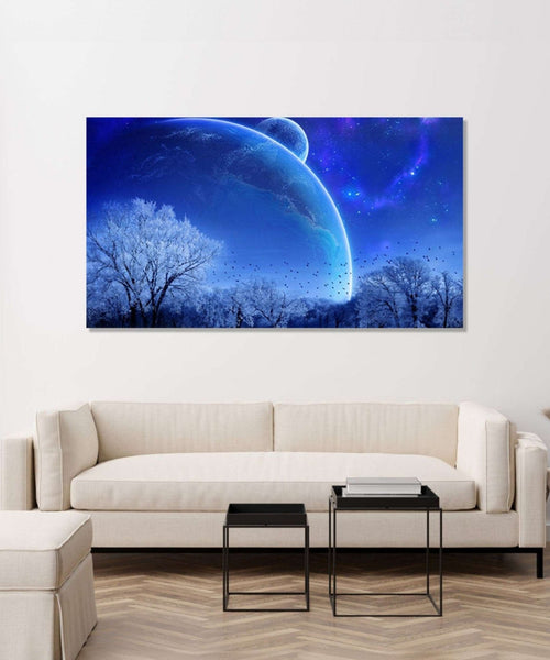 Two celestial bodies visible from a blue planet with white trees. Colour theme is blue