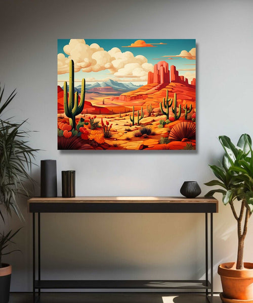 Deseart scene with orange mountains in background and large cactus on left Room 1
