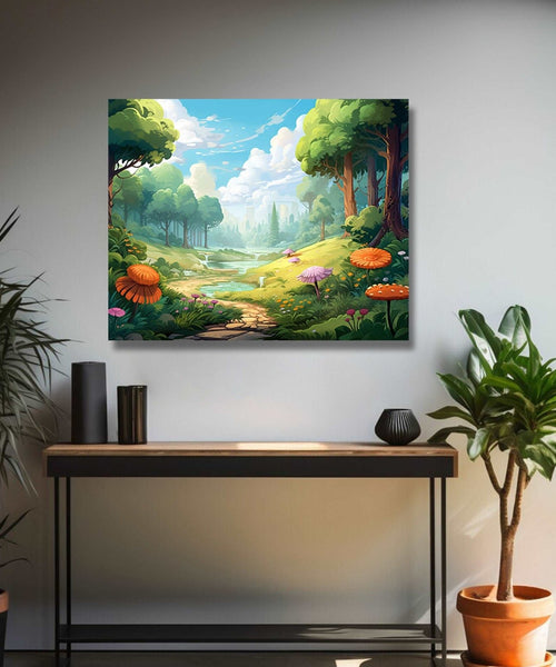 Jungle stream in middle, trees on sides, large orange and purple flowers on sides Room 1