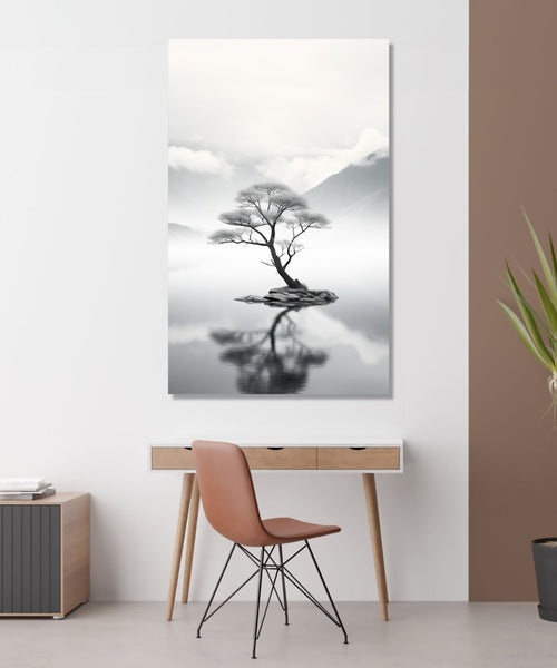 a realistic tree standing in middle of teh lake with mountains in background