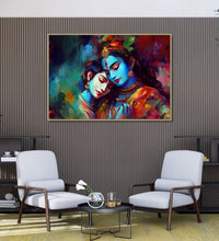 Large Painting for Drawing Room: Radha and krishna in each other embrace, in blue, orange and light skin colours and abstract background